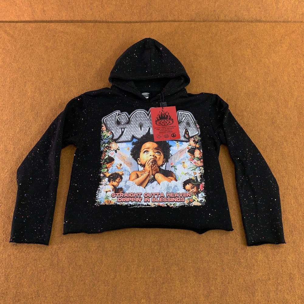 Koya Girls Size 10 Black Straight Outta Heaven Graphic Cropped Hoodie NWT
